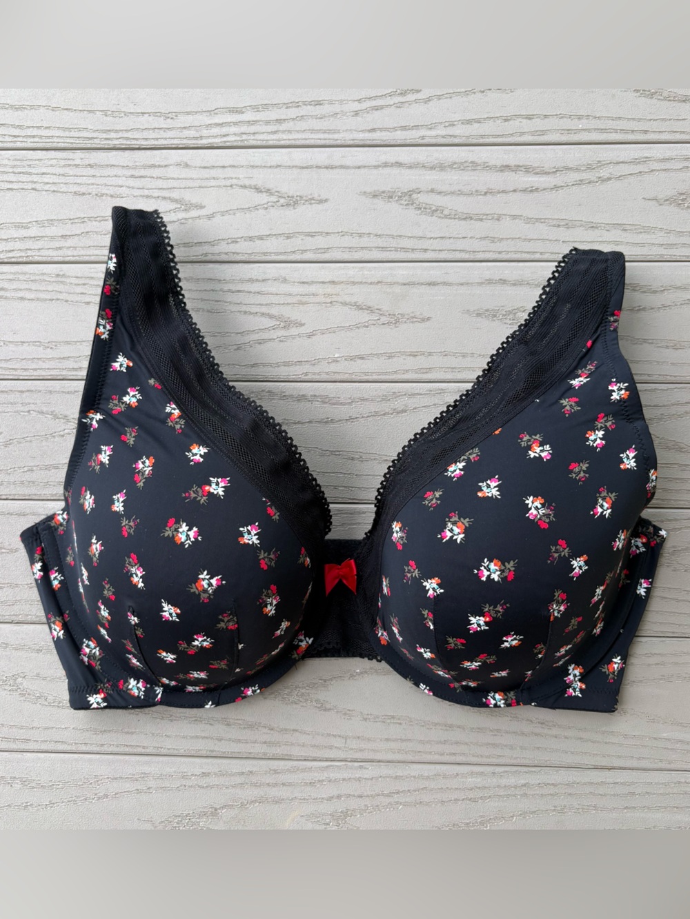 Cacique Sz 38F Black Floral Lightly Lined Balconette Bra Triangle Underwire